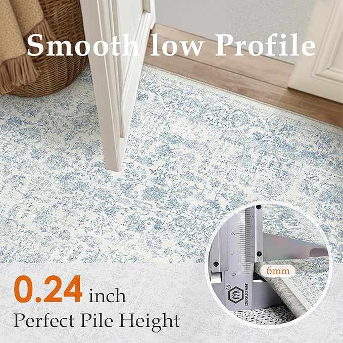 Blue Runner Rug 2x8 Hallway Machine Washable Kitchen Vintage Distressed Non Slip Long Carpet Indoor Retro Floral Bedroom Accent Throw Rug for Bathroom Office Laundry Dining Room
