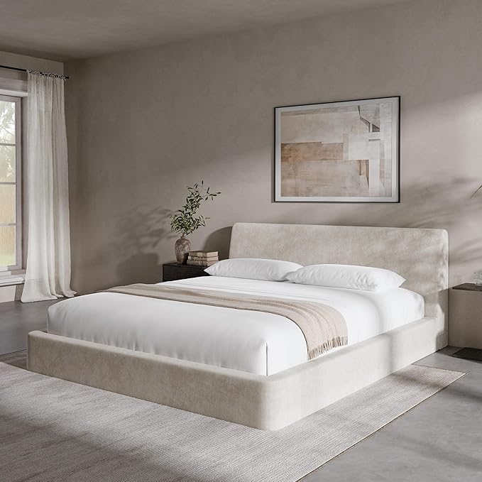 RECCI Cloud Full Size Bed Frame with Ergonomic Angled Foam Cushioned Headboard, Minimalist Design Platform Bed Frame, No Box Spring Needed, Easy Assembly (Beige)