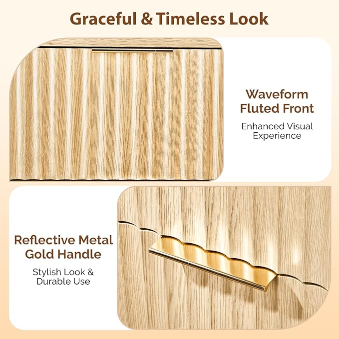 VINGLI Nightstand with Charging Station, Fluted Nightstand with Drawers, Wood Night Stand for Bedroom, Fluted Bedside Table/End Table/Side Table, Oak, 15.75" W*15.55" D*23.62" H