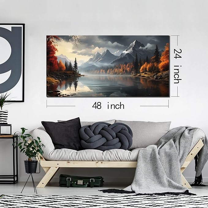 Landscape Wall Art for Living Room Bedroom Home Office Gray Wall Art Mountain Lake Pictures Modern Landscape Large Artwork Framed Canvas Prints 24x48 Inch