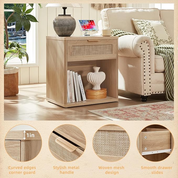 LEYAOYAO Rattan Nightstands Set of 2 with Charging Station, Natural Wood Night Stand with Drawer, 23" Wide Boho Bedside Table with Storage Shelf, Bed Side End Tables for Bedroom, Living Room, Hallway