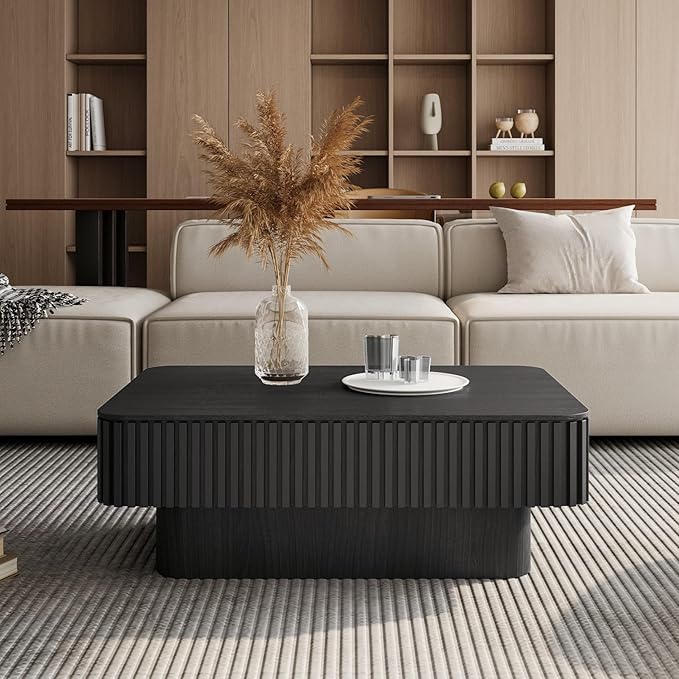 LKTART Lift Top Coffee Table for Living Room, Accent Fluted Coffee Table with Storage, Modern Solid Wood Veneered Rectangle Center Tea Table for Small Space Apartment (38.6''L×14''H-Black)