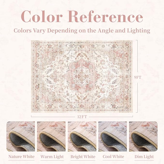 PADOOR 9X12 Area Rug,Rugs for Living Room,Soft Pink Rugs for Bedroom,Machine Washable Rug Non Slip Carpet for Dining Room Living Room Bedside Office