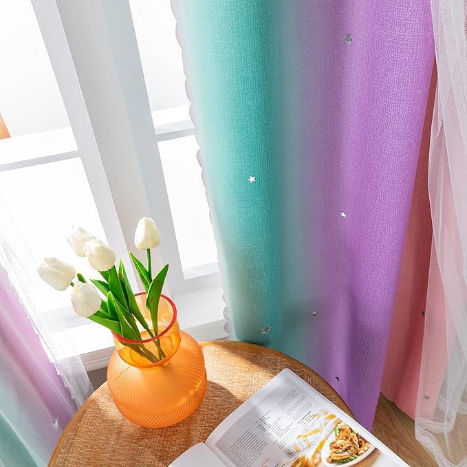 XiDi Curtains for Bedroom Decor, Rainbow Pink Purple Green 42/54/1