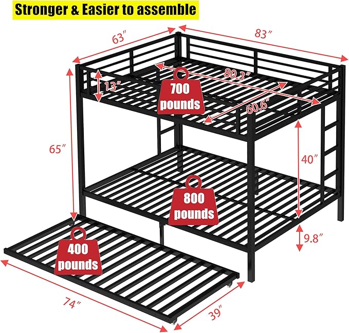 Higher Quality & Stronger Heavy Duty Metal Bunk Bed Frame Queen Over Queen Size for Adults Teens, Thickened More Stable Steel Bunkbed (Queen Over Queen with Trundle)