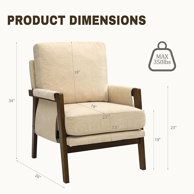Accent Chairs for Living Room Set of 2, Modern Arm Chairs for Bedroom, Wooden Upholstered Mid Century Accent Chairs, Beige
