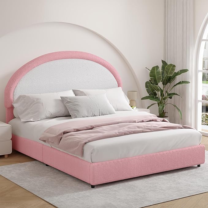 Full Size Bed Frame, Boucle Upholstered Platform Bed Frame with Headboard, White Bed Frame, Soft Rounded Corners, No Box Spring Required, Easy Assembly, Pink&White