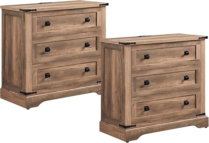 T4TREAM 32" Farmhouse Nightstand with Charging Station Set of 2, Large End Table with 3 Storage Drawers, Rustic Wood Bedside Table for Bedroom, Living Room, Rustic Oak