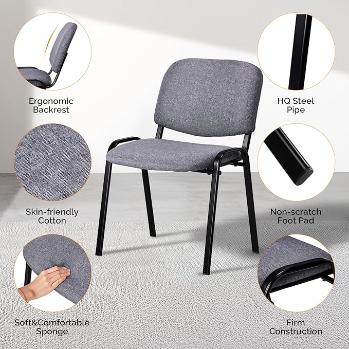 VINGLI Waiting Room Stacking Chairs, 5-Pack Fabric Church Conference Stackable Chair Set, for Office Guest & Reception Meeting Rooms, Lobby, Simple&Space-Saving, Fabric-Grey