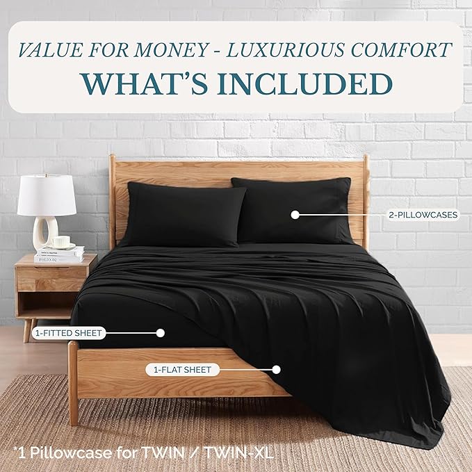 Casa Platino King Bedding Sheet Set – 4 Piece Set, Pre-Washed Brushed Microfiber, Deep Pocket Fitted Sheet for 15" Mattress, Ultra Soft & Breathable Cooling Fabric, Elegant Fit - Black Color