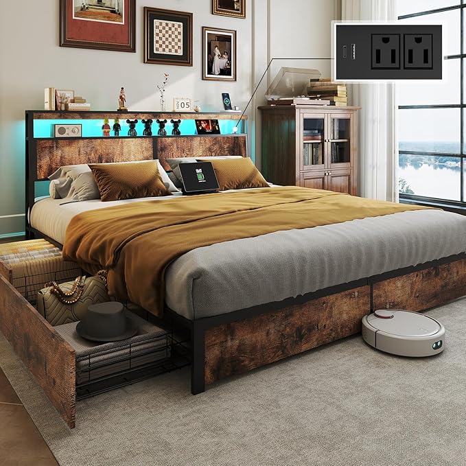 King Size Bed Frame with 4 Storage Drawers and Headboard with Charging Station and LED Lights,2 Tier Solid Wood Headboard Storage,Noise Free,Easy Assembly, Vintage Brown