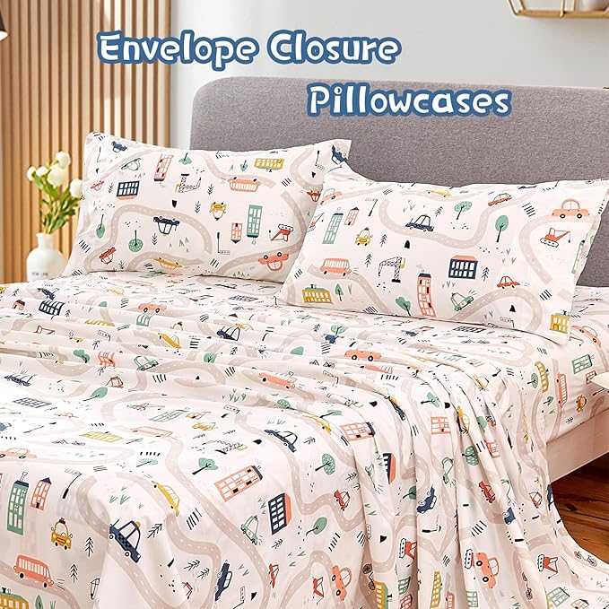 JSD Car Kids Printed Sheet Set Twin Size, 3 Piece Soft Microfiber Bed Sheets Deep Pocket