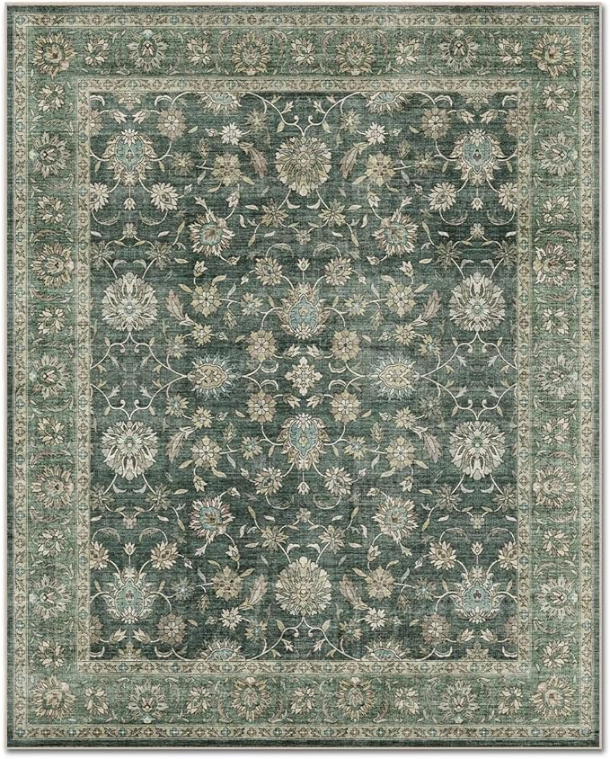 Washable 5x7 Area Rugs for Living Room, Boho Non-Slip Vintage Distress Rugs for Bedroom Dining Room Nursery Office, 0.3" Neutral Oriental Throw Thin Carpet with Cushioning Pad, Sage Green/Blue/Multi