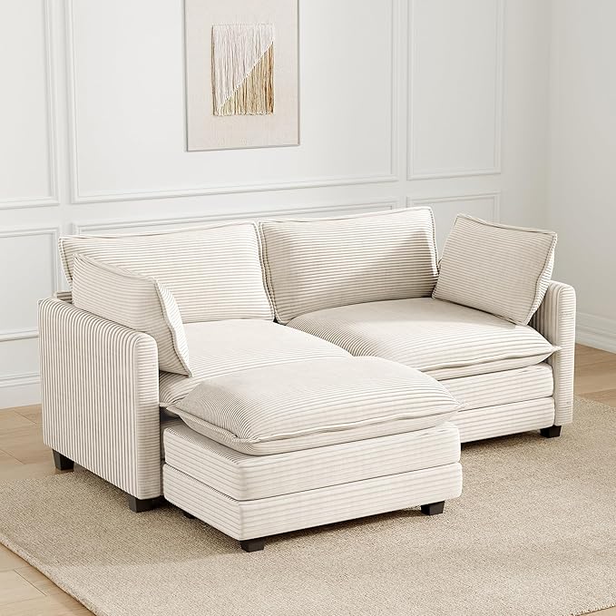 78'' Modular Sectional Cloud Couch with Movable Ottoman, 3 Seat Comfy Modern Corduroy Sofa with 2 Throw Pillows, Deep Seat L Shaped Couch for Living Room Bedroom Apartment, Beige