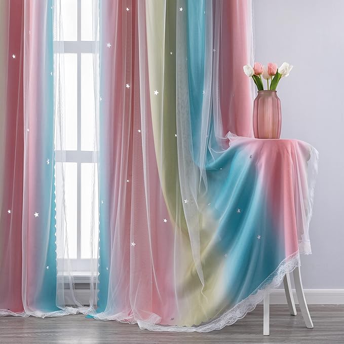 XiDi Curtains for Bedroom Decor, Rainbow Pink-Blue-34-54