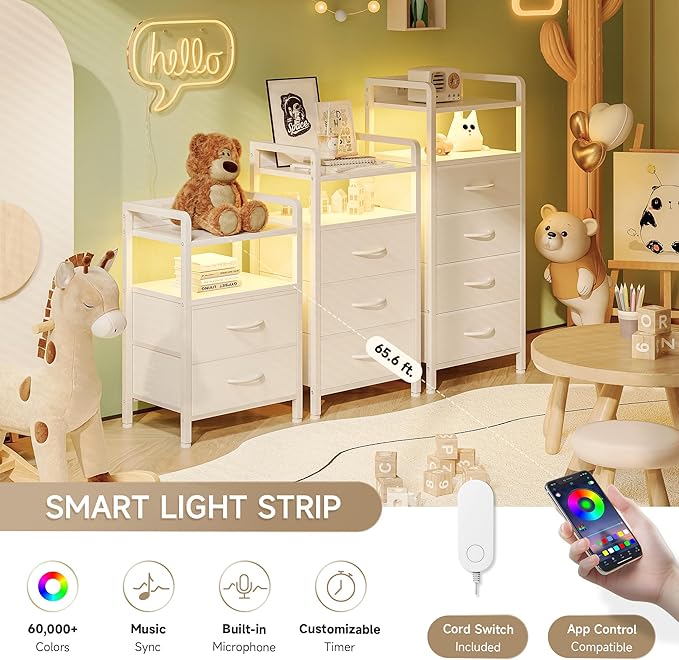 Night Stand Bedside Charger Bedroom - Nightstand with Charging Station, 2 U-S-B Ports & 2 AC Outlets, Tall Bed Side Table with LED Light Strip, Storage Shelf & 4 Fabric Drawers, White