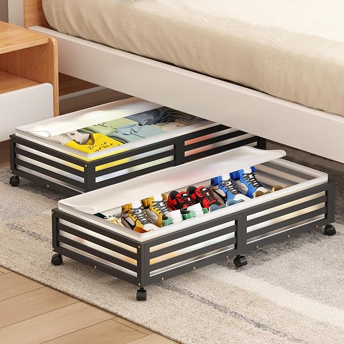 Under Bed Storage with Wheels-Large Bamboo Underbed storage Containers with Large Dust Bag Stackable Under the Bed Shoe Storage Bins for Clothes Books Bedding (2 Packs Black, 33.07"L×16.54"W× 6.5"H)