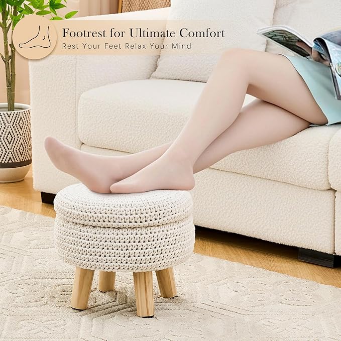 LGENHOOM Round Storage Ottoman Foot Rest Cotton Braided Foot Stool Pouf Ottoman with Solid Wood Legs Footstool with Storage Shoe Changing Stool for Living Room White