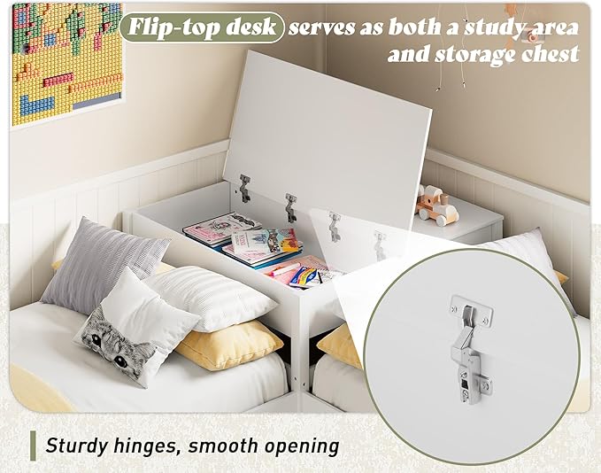 AMERLIFE L-Shaped Twin Trundle Bed with Flip-Top Storage Desk, Space-Saving Solid Wood Platform Bed Frame, White Finish, Multi-Functional Twin Bed for Kids and Families