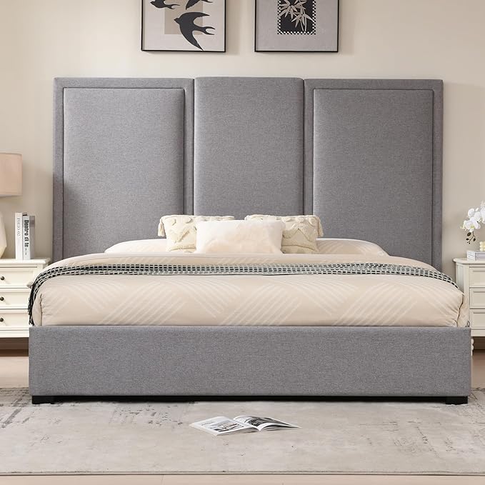 YUHUASHI King Size Bed Frame with 64-inch High Headboard, Simple and Airy Linen Upholstered Platform Bed with Storage Drawers, Wood Slat, No Noise (Grey, King(Hydraulic Lift))