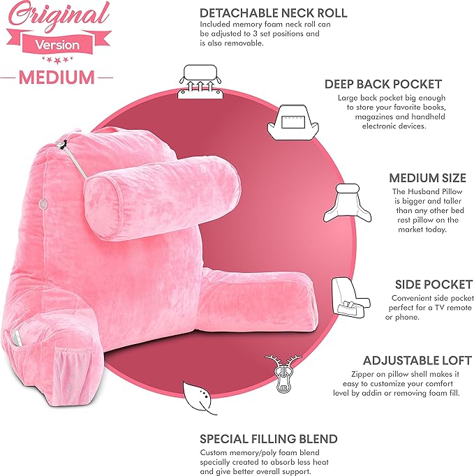 Husband Pillow Medium Pink, Backrest for Kids, Teens, Petite Adults - Reading Pillows with Arms, Adjustable Loft, Plush Memory Foam, Bed Rest Chair for Sitting Up, Detach Neck Roll, Removable Cover