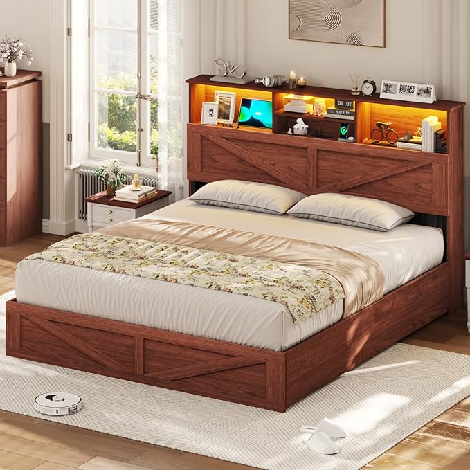 VIAGDO Farmhouse Bed Frame Queen Size with Bookcase Storage Headboard, Charging Station and LED Lights, Wooden Queen Bed Frame with 4 Drawers, Barn Door Design, No Box Spring Needed, Reddish Brown
