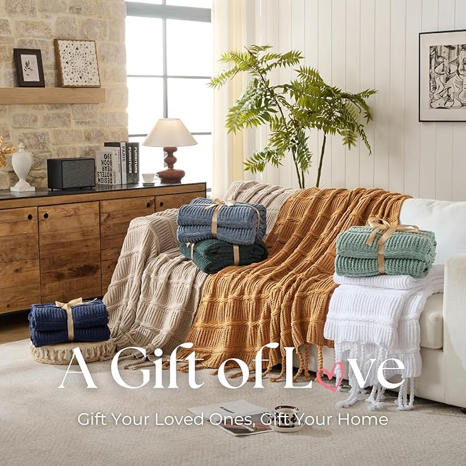 Boho Knitted Chenille Blanket with Tassels - Lightweight & Soft All-Season Throw - 3D Classic Pattern for Living Room Bedroom Couch, Royal Blue, Twin 60"x80"