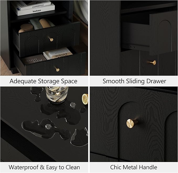 Nightstand Set of 2 with Charging Station, Mid Century Modern Nightstand with Arched Design, Minimalist End Table Wood Grain Bedside Tables for Bedroom or Living Room, Black