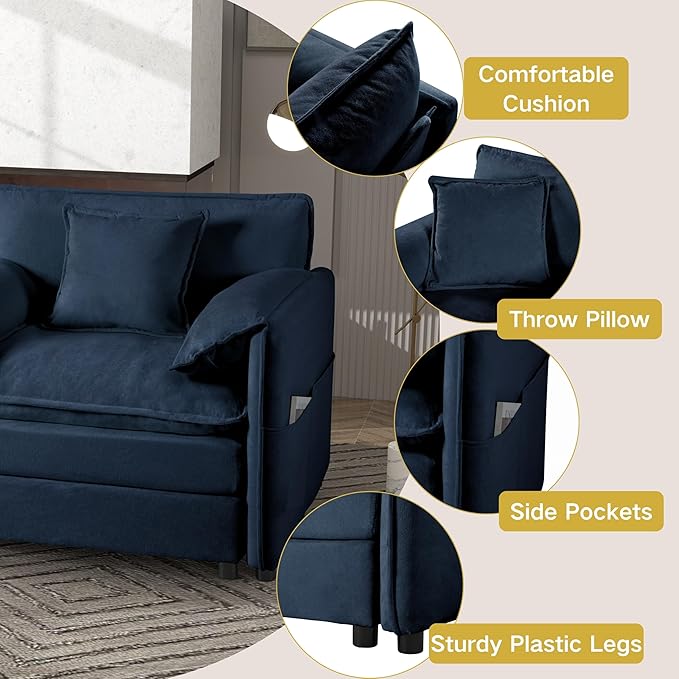 KEIKI Oversized Accent Chair Set of 2, Chenille Deep Seat Single Sofa Chairs with Side Pockets, Modern Upholstered Armchair for Bedroom, Living Room, Apartment, Blue