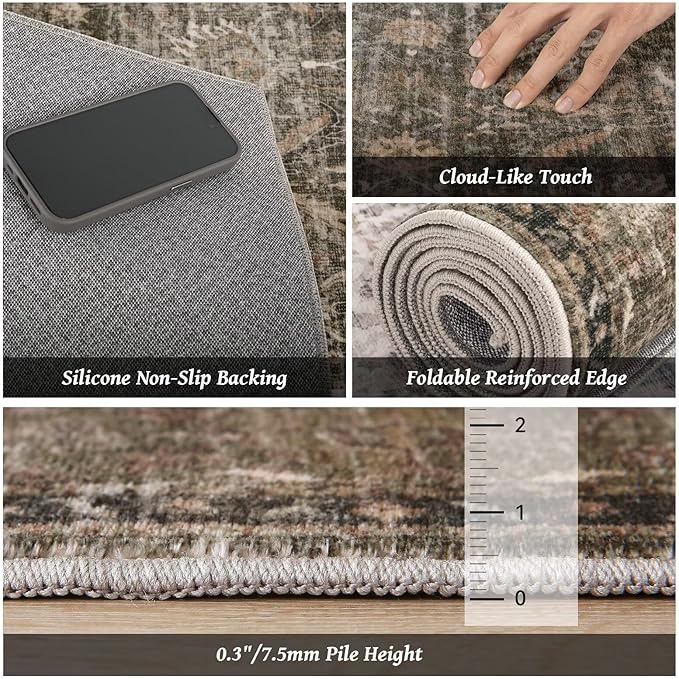 Washable 9x12 Area Rugs for Living Room, Boho Non-Slip Vintage Distress Lager Rugs for Bedroom Dining Room Nursery Office, 0.3" Neutral Oriental Throw Thin Carpet, Rust/Multi