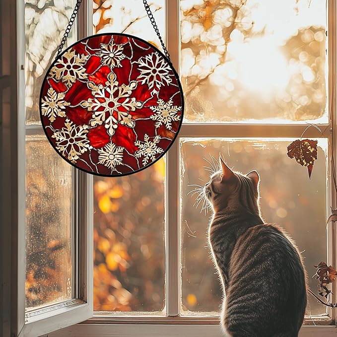 Stained Glass Window Hanging 4 Pcs Set Red Christmas Elk Snowflakes 7.8" - Deer Suncatcher Door Garden Sun Catcher Decor Birthday for Mom Woman Nana Men Friend