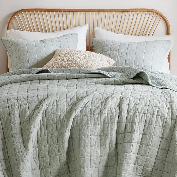 Hyde Lane Luxury Linen Quilt Set King Size, European Flax Cotton Blend Bedding for Bedspread and Coverlet, Box Stitched, with 2 Pillow Shams, 106"x96", Sage