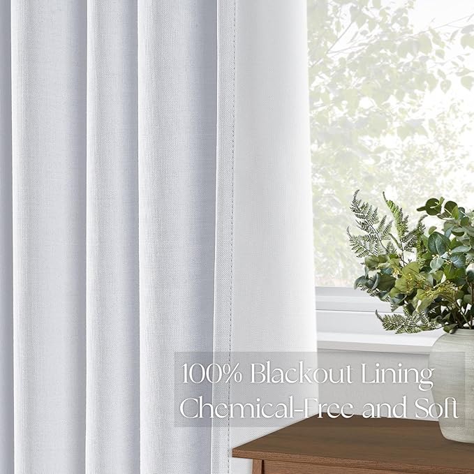 Topfinel White 100% Blackout Curtains 84 Inch Long 2 Panels Set, Pinch Pleat Flax Linen Room Darkening Sound Block Drapes with Hooks Rings for Track System Bedroom Living Room
