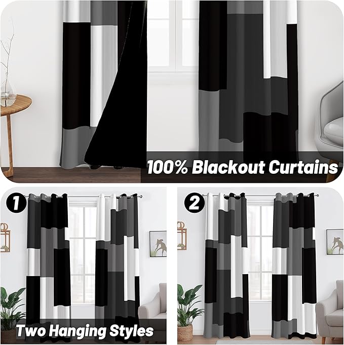 Black Grey 100% Blackout Curtains for Bedroom 108 inch Extra Long 2 Panels Set White Grey Modern Abstract Geometric Black Out Curtains Room Darkening Window Drapes for Living Room, 52Wx108L
