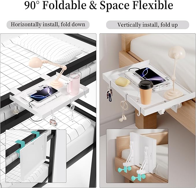 Foldable Bedside Shelf, Metal Clip-On Bed Tray Table for Bunk Bed & Dorm Beds, Dorm Room Essentials Organizer for College Students, Floating Tray, Space Saving Nightstand for Loft Beds (White, Small)