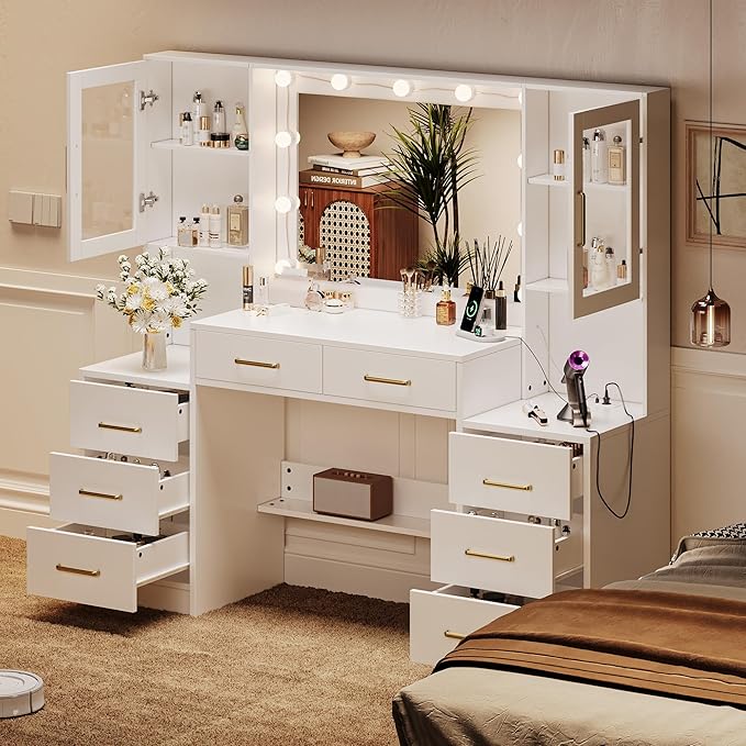 58.3”Vanity Desk with Mirror and Charging Station, Bedroom Dressing Table, Large Vanity Set, 8 Drawers and 2 Cabinets, Makeup Vanity Table with Charging Station, Without Lights