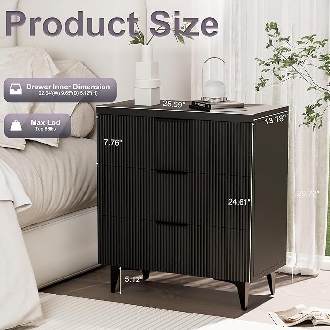 Royal Windsor Fluted Nightstand with 3 Drawers, Side End Table, Accent Storage Cabinet,Modern Night Stand Bedside Table for Bedroom,Black
