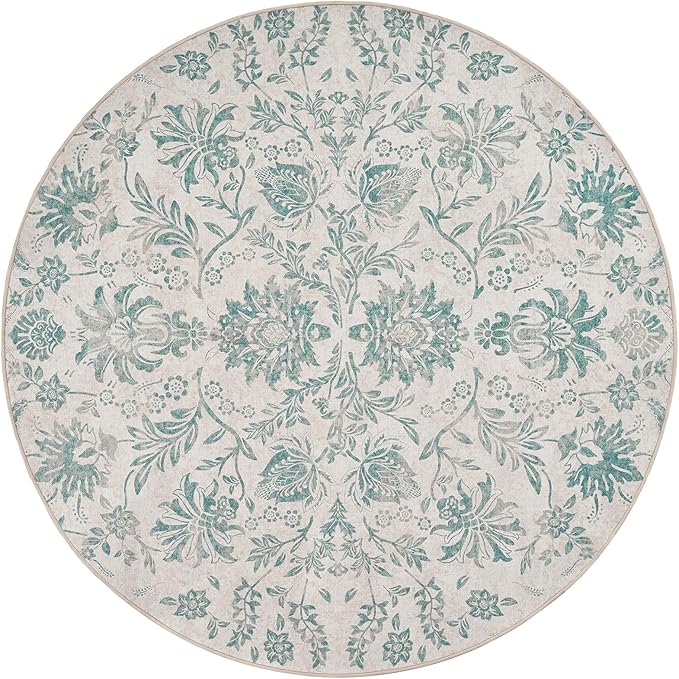 jinchan Torino Classic Floral Round Rug 6ft Vintage-Inspired Design 6’Circle Rug Machine Washable Ultra-Thin Low-Pile Non-Slip Indoor Carpet for Bedroom Dining Room Living Room Entryway
