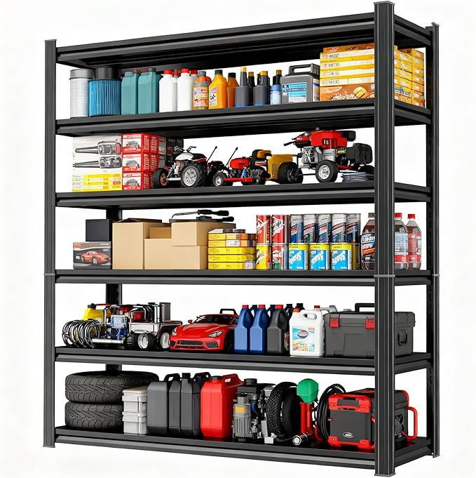 Storage Shelves, Garage Metal Shelving Unit, Adjustable, Double-Layer Column with Reinforced Ribs, Heavy-Duty, Capable of Bearing 600-3600 lbs (Black, 45''W*20''D*82''H, 6-Tier)