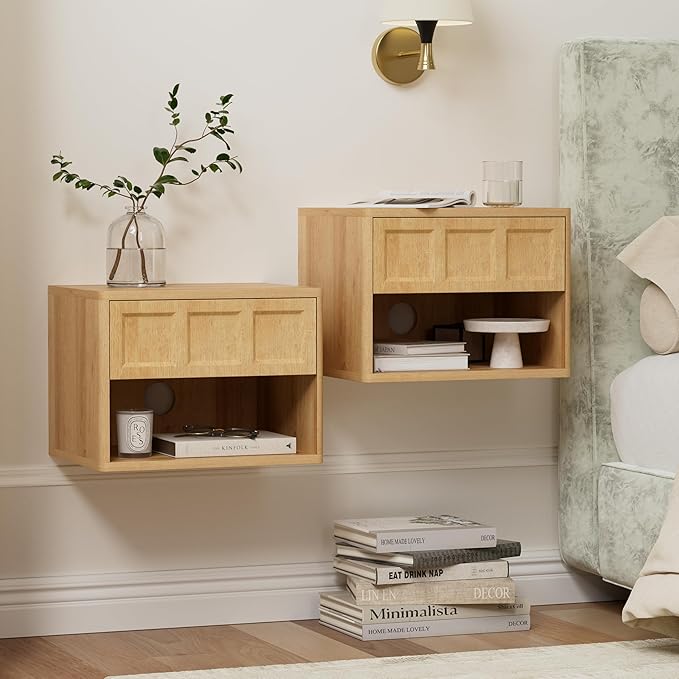Floating Nightstand Set of 2, Wall Mounted Bedside Table with Storage Drawer and Open Shelf, Night Stand with Curved Corners for Living Room, Bedroom, Dorm, Natural Oak
