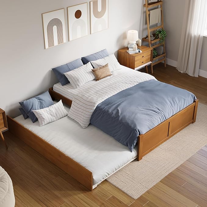 AFI Concord Full Solid Wood Platform Bed with Footboard & Full Trundle in Light Toffee