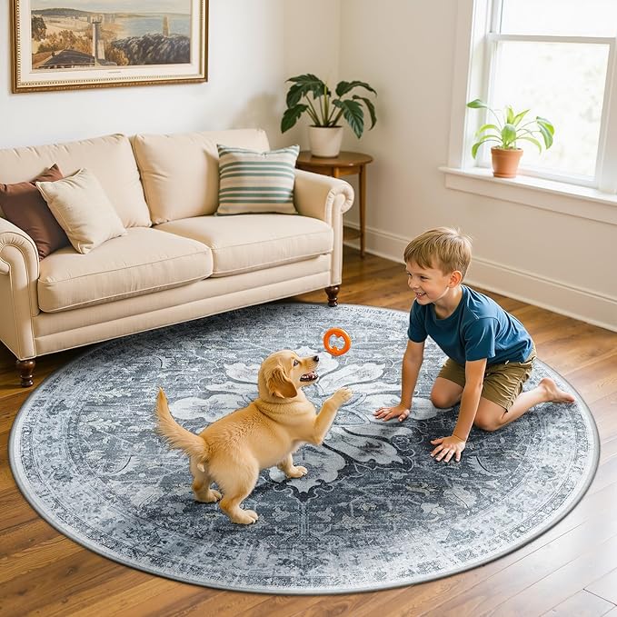 Area Rugs 7ft Washable Non-Slip, Floral Vintage Distress Print Pattern Medallion Carpet for Living Room Bedroom Dining Room, Light Gray Grey White