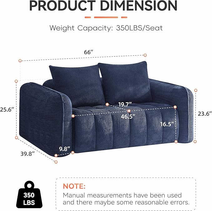 66'' Boneless Corduroy Loveseat Sofa, 2 Seater Tufted Deep Seat Couch with Rounded Armrest, Upholstered Cloud Couch for Living Room, Bedroom, No Assembly, Navy