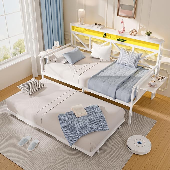 Daybed with Trundle, Heavy Duty Metal Twin Bed Frame with LED Lights & 2-Tier Storage Shelves, Sofa Day Bed with Charging Station & Tabletop for Living Room, Bedroom, Guest Room (White)