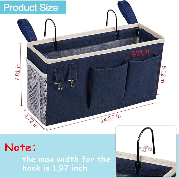 Loghot Bedside Caddy/Bedside Storage Bag Hanging Organizer for Bunk and Hospital Beds,Dorm Rooms Bed Rails,Can be Placed Glasses,Books,Mobile Phones,Keys (Navy Blue)