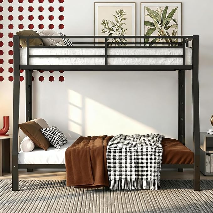Full XL Over Queen Bunk Bed Frame, Heavy Duty Metal Loft Bed for Adults/Teens, 400/600LB Capacity w/Ladder & Guardrail, Noise-Free Steel Slats, No Box Spring Required, Black