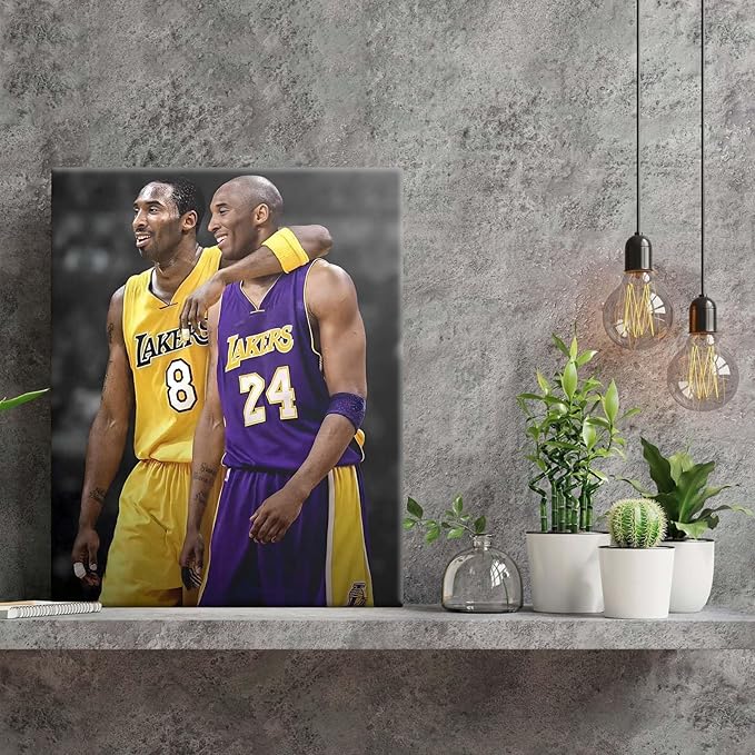 Kobe Bryant Canvas Wall Art Print Poster, Iconic Basketball Player Dual-Era Tribute Artwork, No. 8 and No. 24 Jersey Mamba Mentality Wall Decor for Home Gym Dorm Office Living Room, Framed 24x30inch