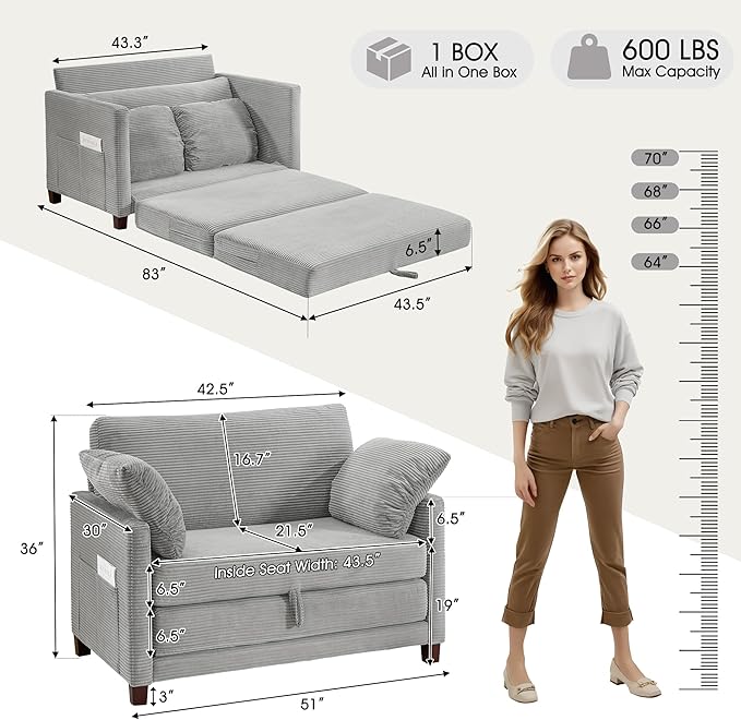 51" Loveseat Sleeper Sofa Bed, Corduroy Convertible Floor Sofa Bed for Small Spaces, Folding Couch Bed with Deep Seat, 2 Pillows & Solid Frame, Pull Out Floor Couch for Living Room, Grey