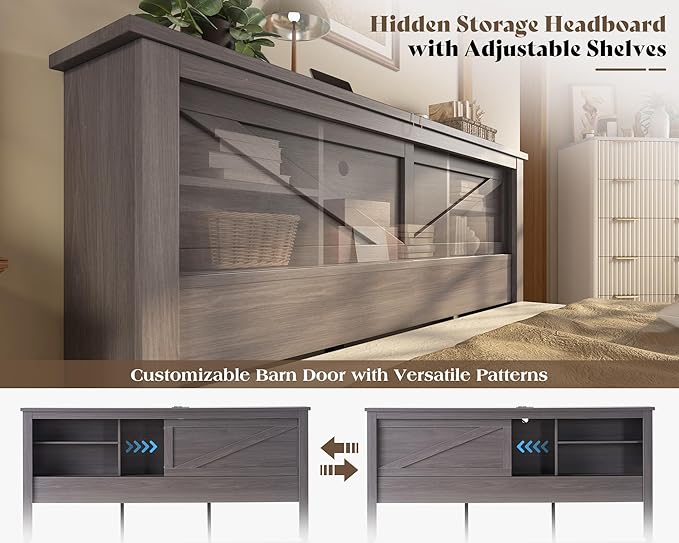 AMERLIFE 47.2" H Full Bed Frame with Hidden Space Bookcase Headboard and Charging Station, Beds with 2 Storage Drawers and Wood Slats, No Box Spring Needed, Grey