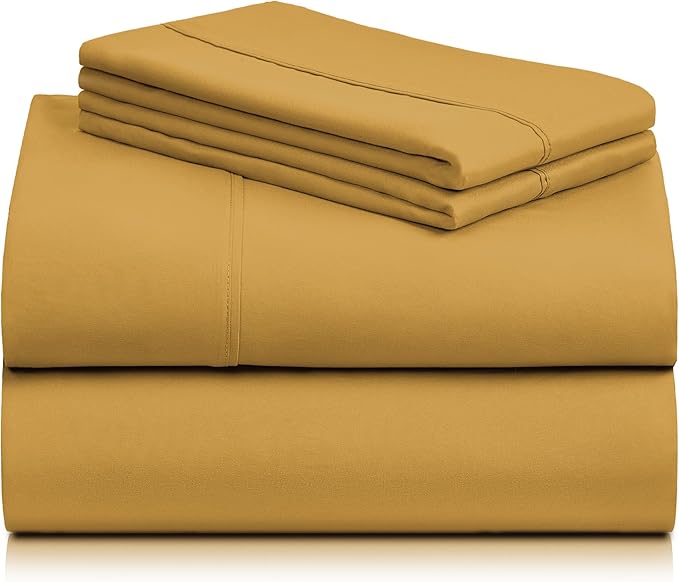 LuxClub 4 PC Full Sheet Set, Deep Pockets Wrinkle Free Cooling Bed Sheets Hotel Bedding for Women, Men, Kids & Teens, Includes 1 Fitted Sheet, 1 Flat Sheet and 2 Pillowcases-Soft Medallion Gold
